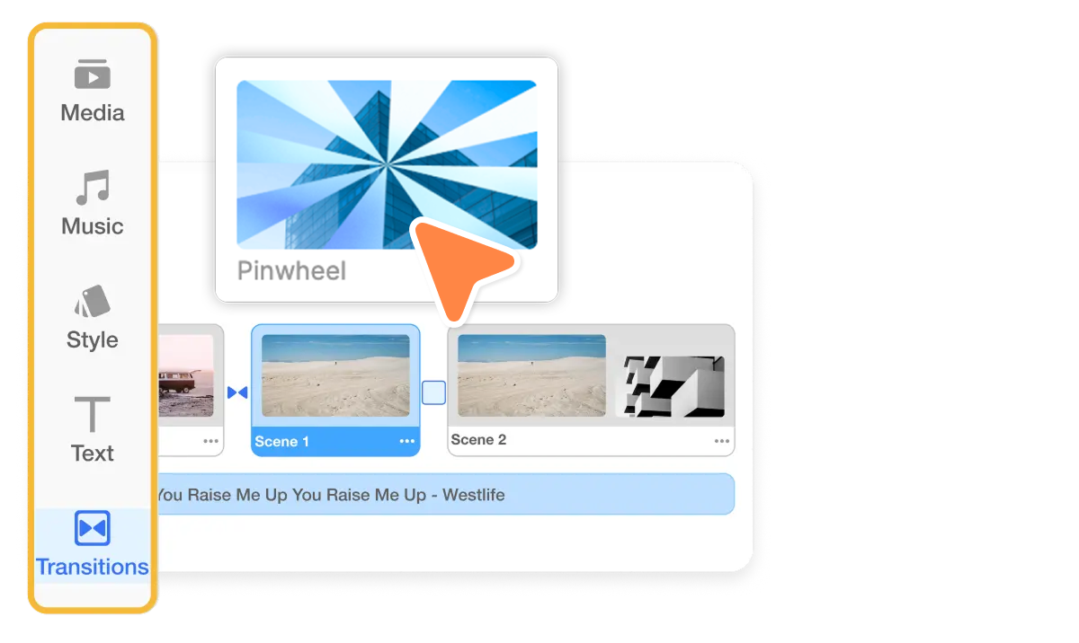 Visla editor timeline mixing subtle fades with occasional punchy effects to keep attention